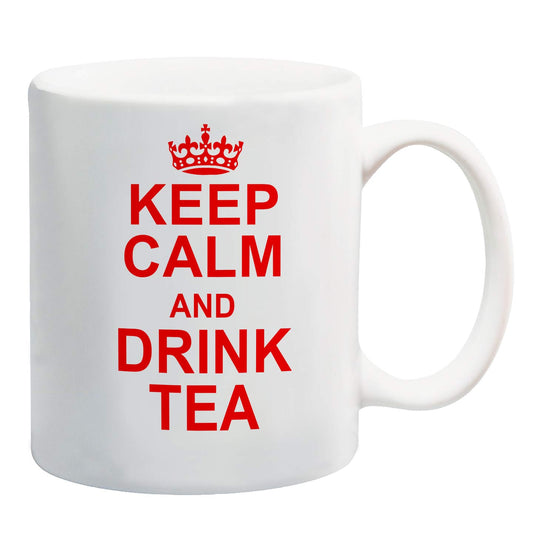 White mug with a red crown and “Keep Calm and Drink Tea” in red capitals