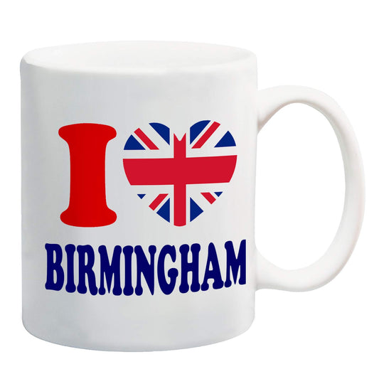 White mug with a red “I”, a Union Jack heart and “Birmingham” in navy