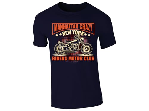 Navy men's T-shirt with a “Manhattan Crazy – New York Riders Motor Club” motorbike badge