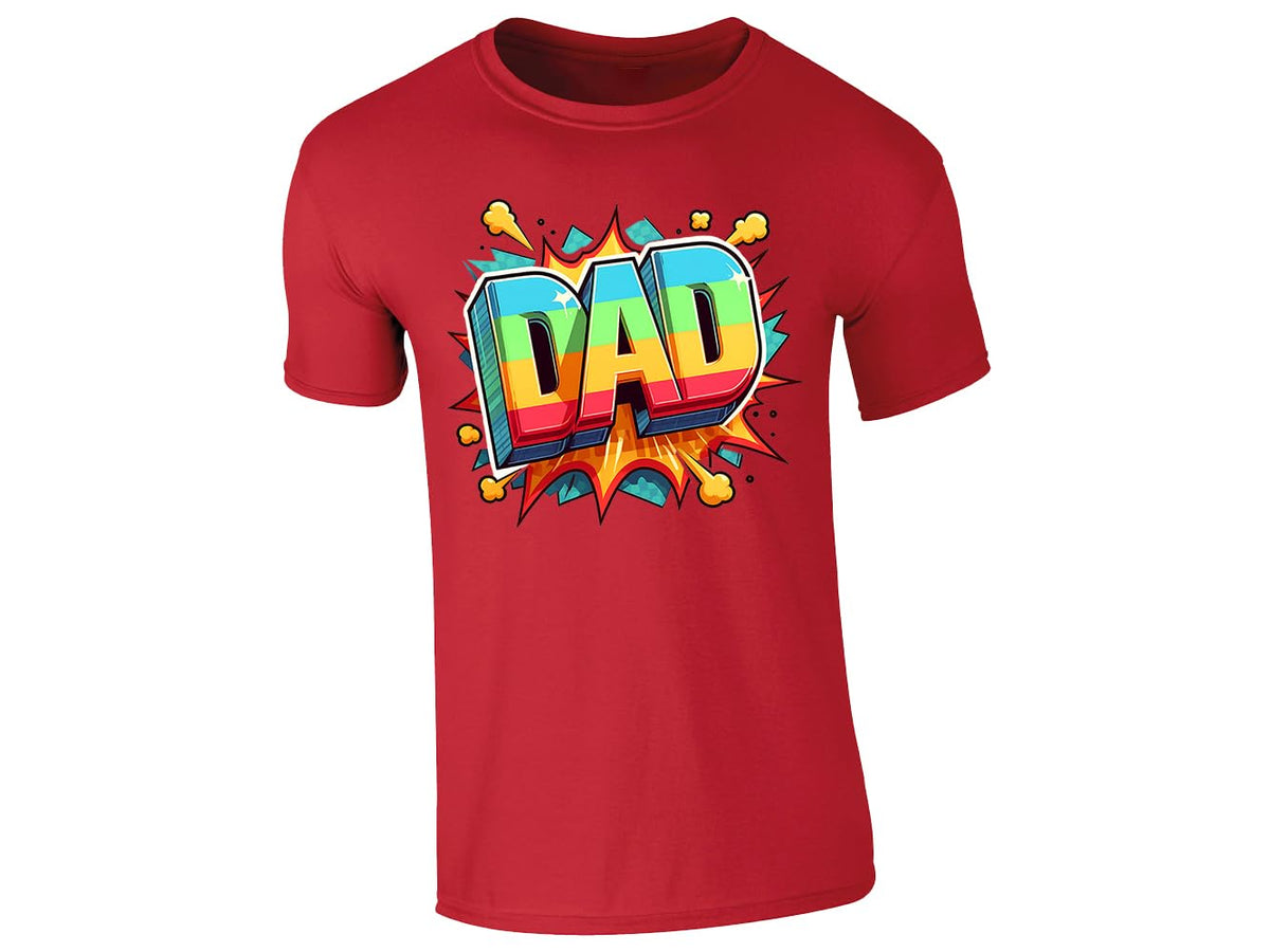 Red men's T-shirt with colourful pop-art “DAD” lettering with a starburst