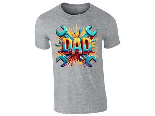 Heather grey men's T-shirt with bold “DAD” lettering with crossed spanners and a colourful burst
