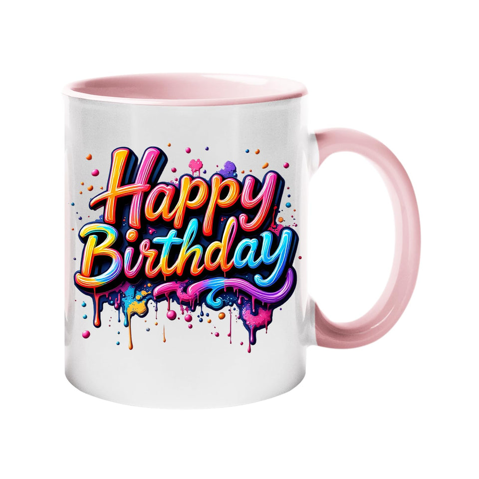 Happy Birthday Colour Mug – Vibrant Paint Drip Design Ceramic Cup for Men, Women & Kids