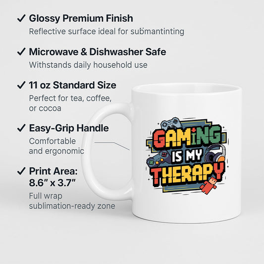 Gaming Is My Therapy mug with labels for 11oz size and easy-grip handle