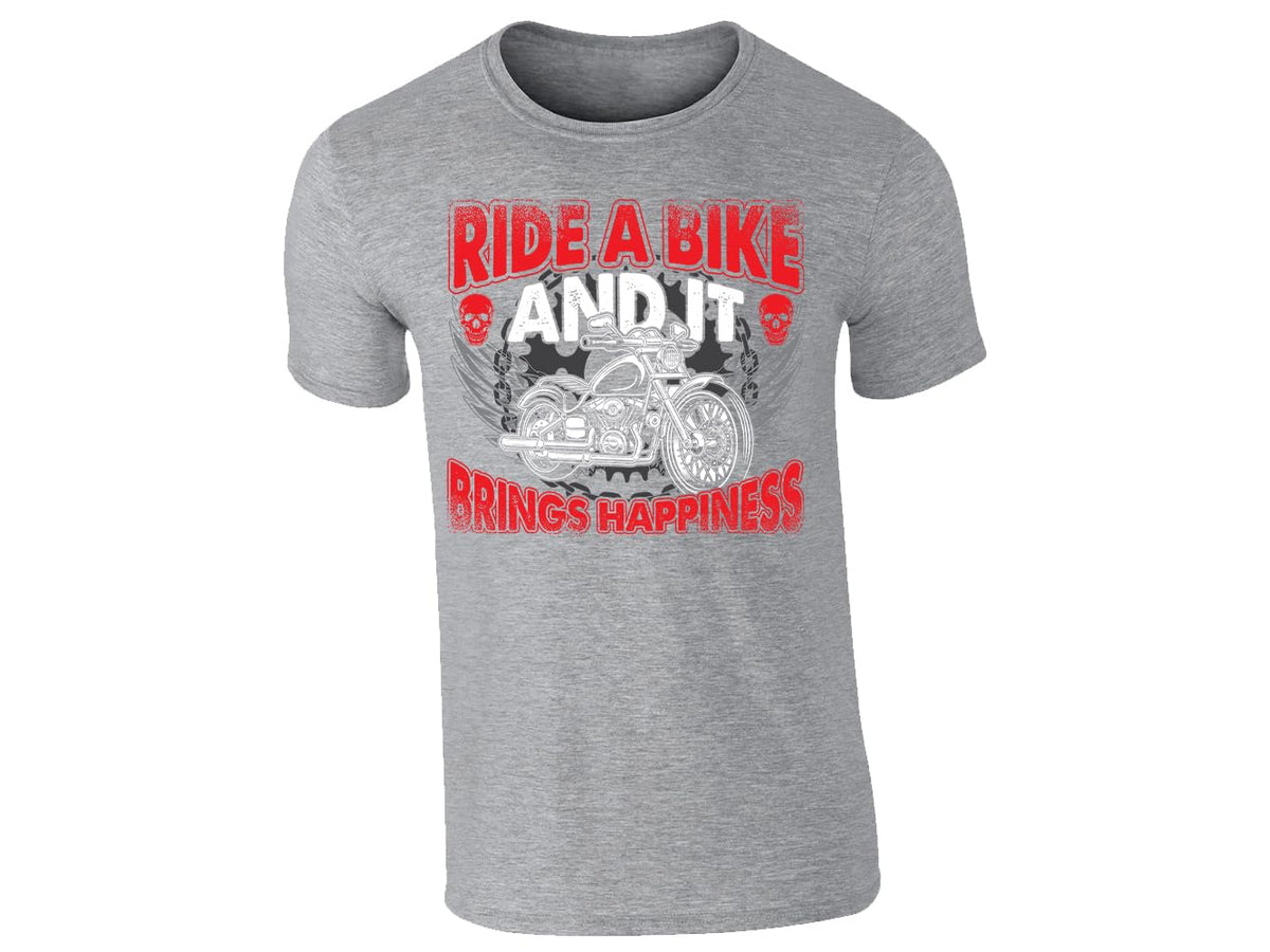 Grey men's T-shirt with Ride a Bike and It Brings Happiness winged motorcycle skull design