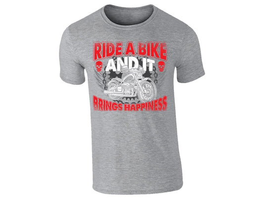 Grey men's T-shirt with Ride a Bike and It Brings Happiness winged motorcycle skull design