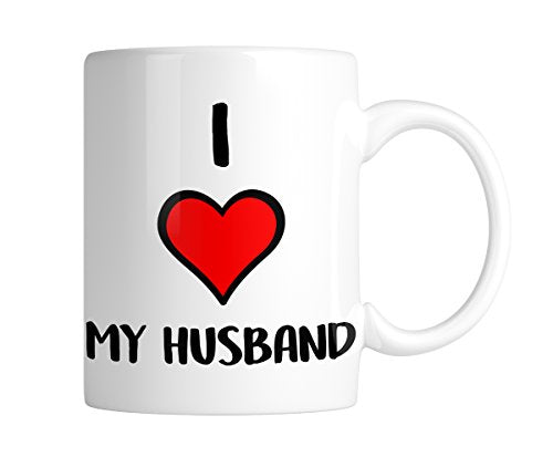 White mug with “I ❤ My Husband” with a big red heart, handle on the right