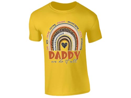 Yellow men's T-shirt with Daddy rainbow design – “we do it all”