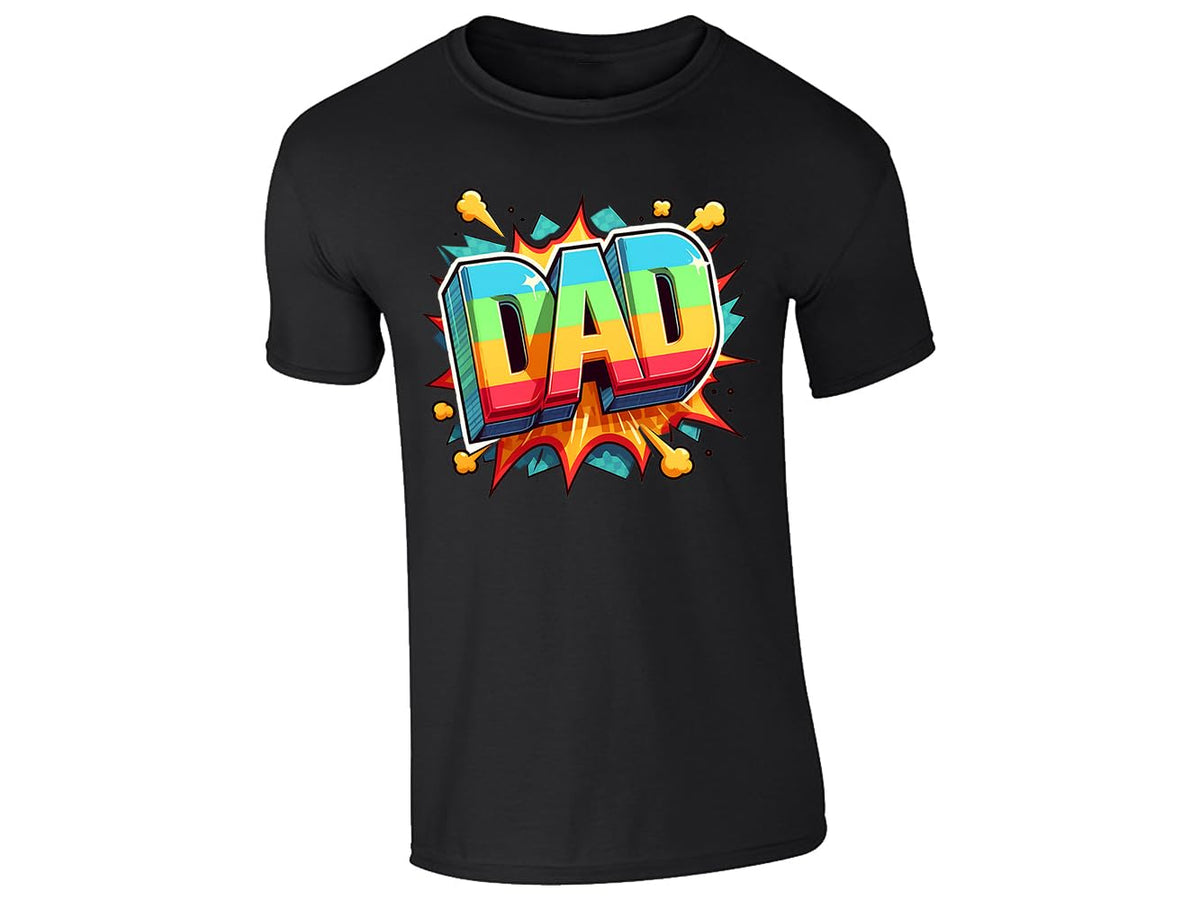 Royal blue men's T-shirt with colourful pop-art “DAD” lettering with a starburst