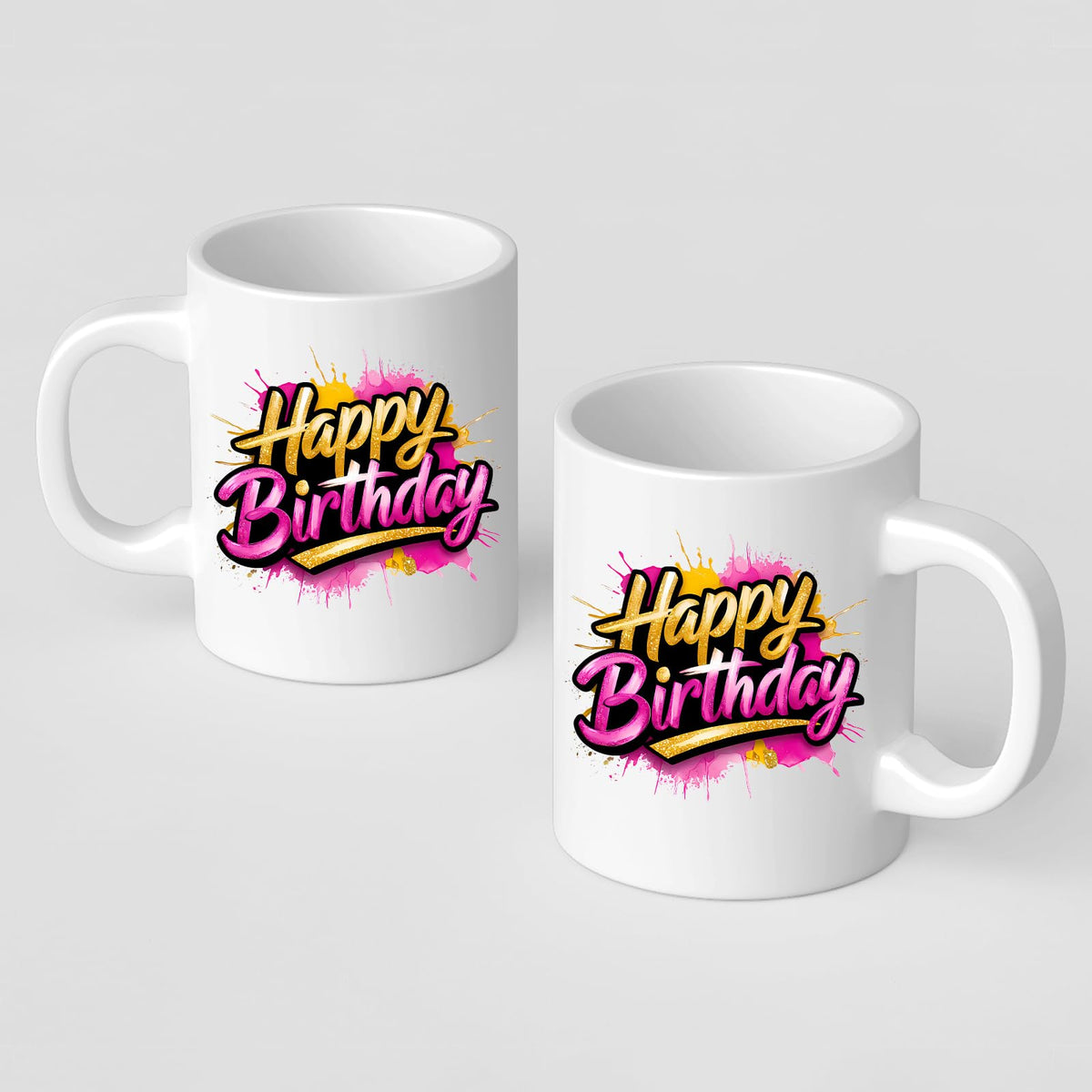 Two Happy Birthday mugs showing the print on both sides