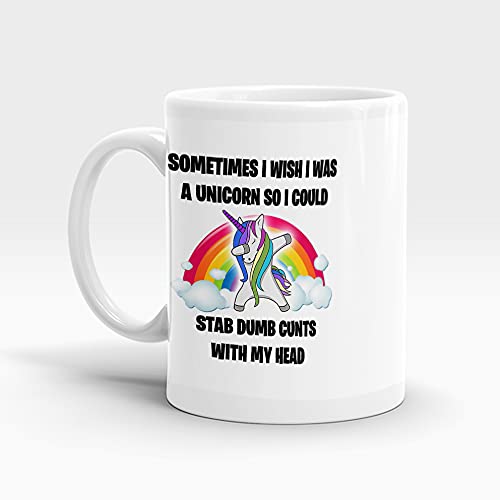 White mug with a rainbow unicorn and a sarcastic quote