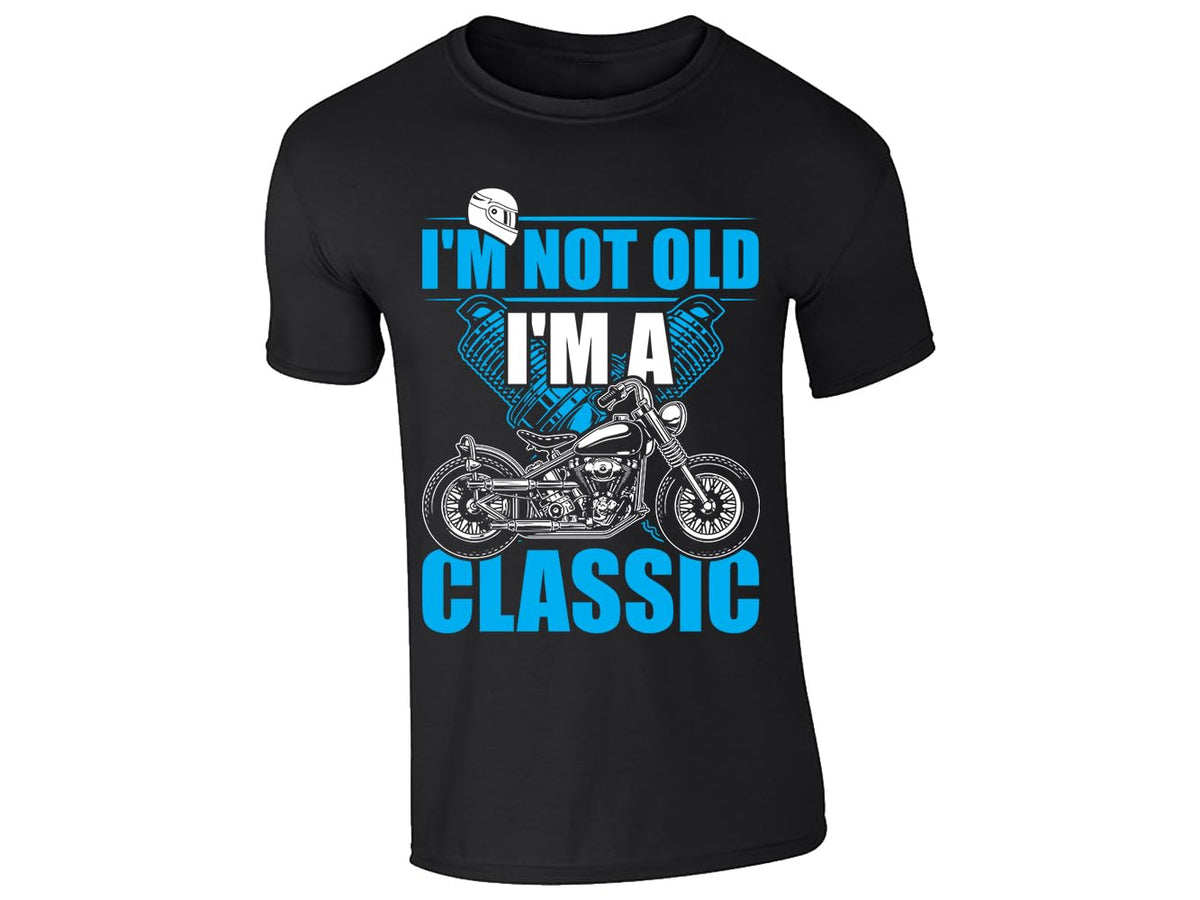 Black men's T-shirt with “I'm Not Old, I'm a Classic” with a vintage motorbike
