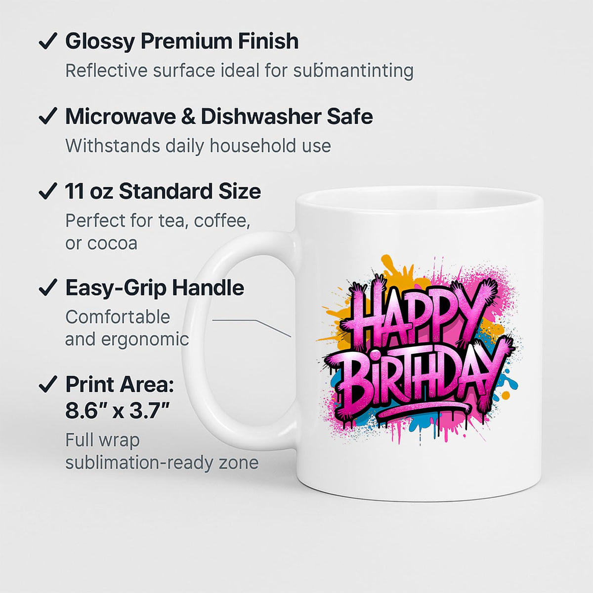 Happy Birthday mug with labels for 11oz size and easy-grip handle