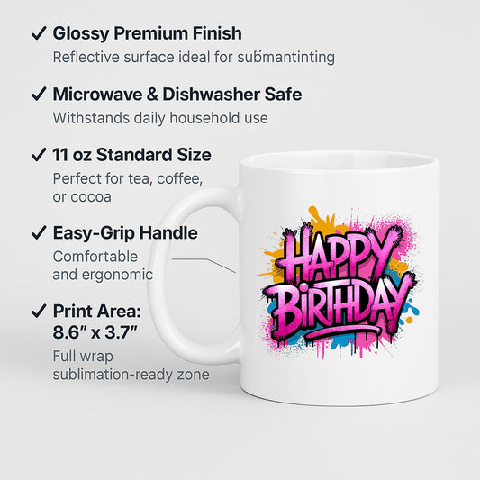 Happy Birthday mug with labels for 11oz size and easy-grip handle