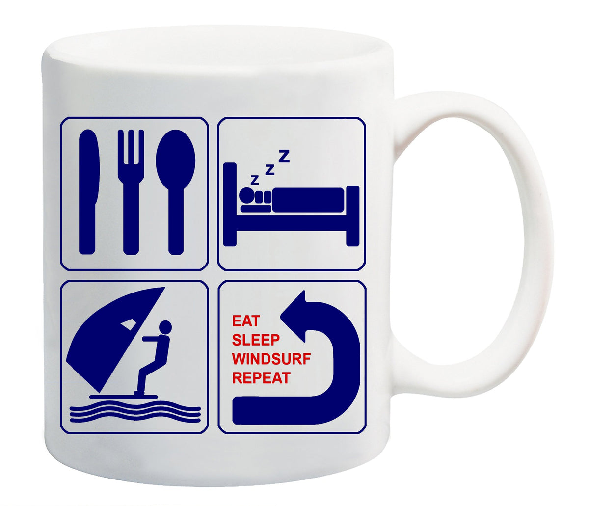 White mug with navy icons of cutlery, a bed, a windsurfer and a repeat arrow – Eat Sleep Windsurf Repeat