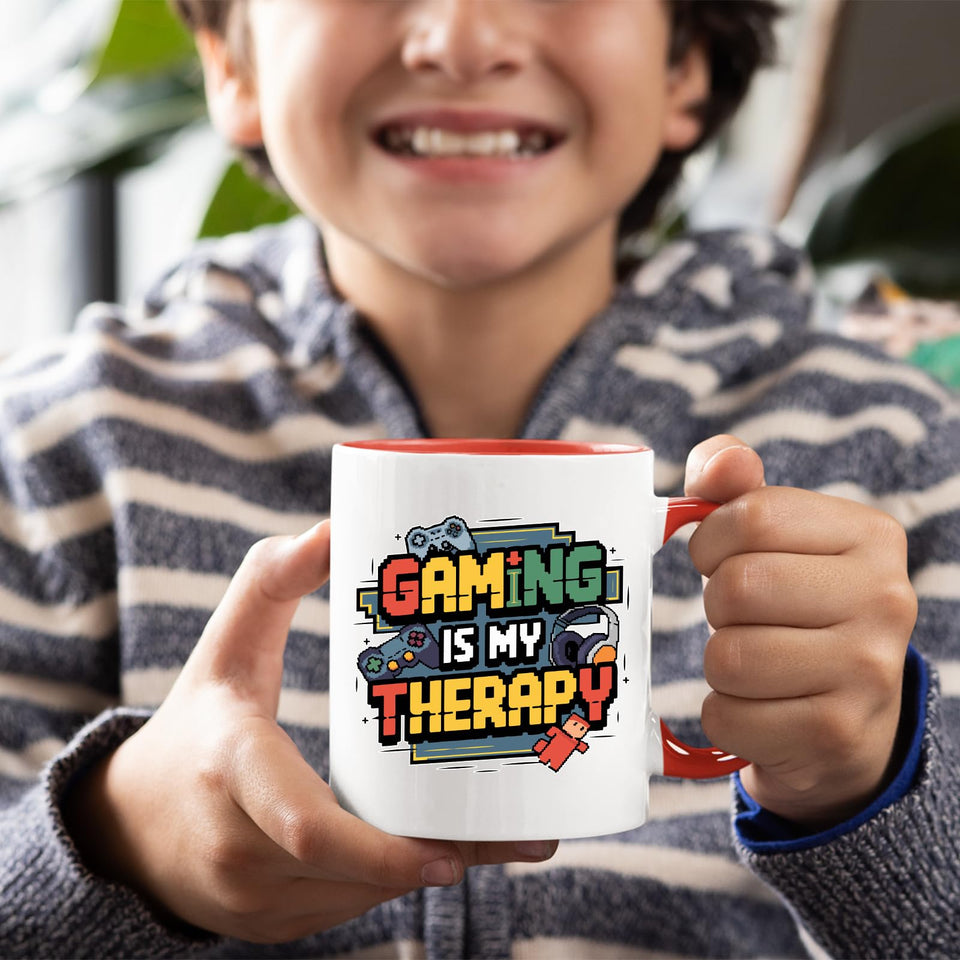 Smiling child holding the colour handle mug
