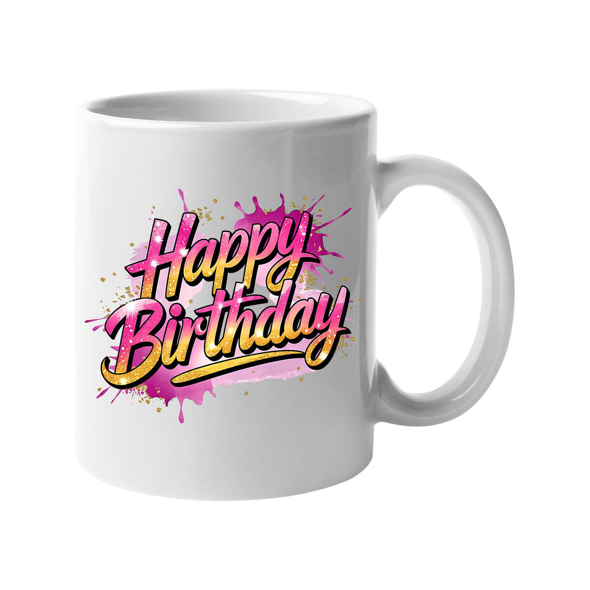 White 11oz mug with pink and purple script “Happy Birthday” lettering
