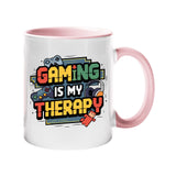 Colour handle mug with colourful “Gaming Is My Therapy” lettering – light pink handle and inside