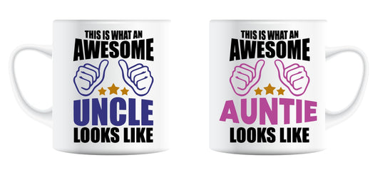 Awesome Uncle and Awesome Auntie mugs side by side