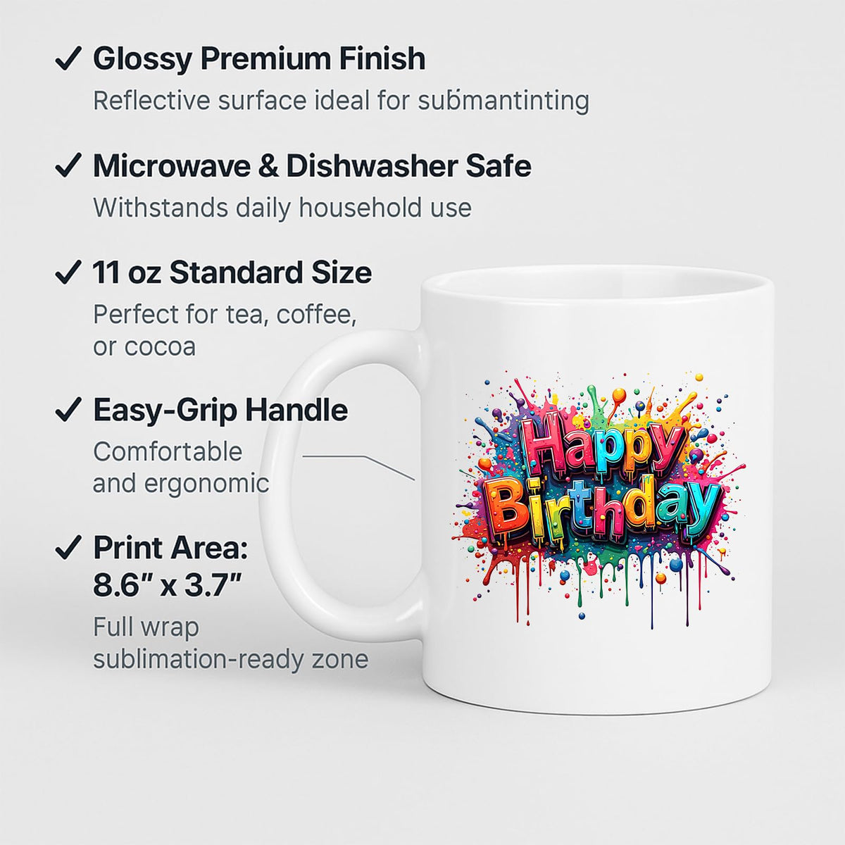 Happy Birthday mug with labels for 11oz size and easy-grip handle