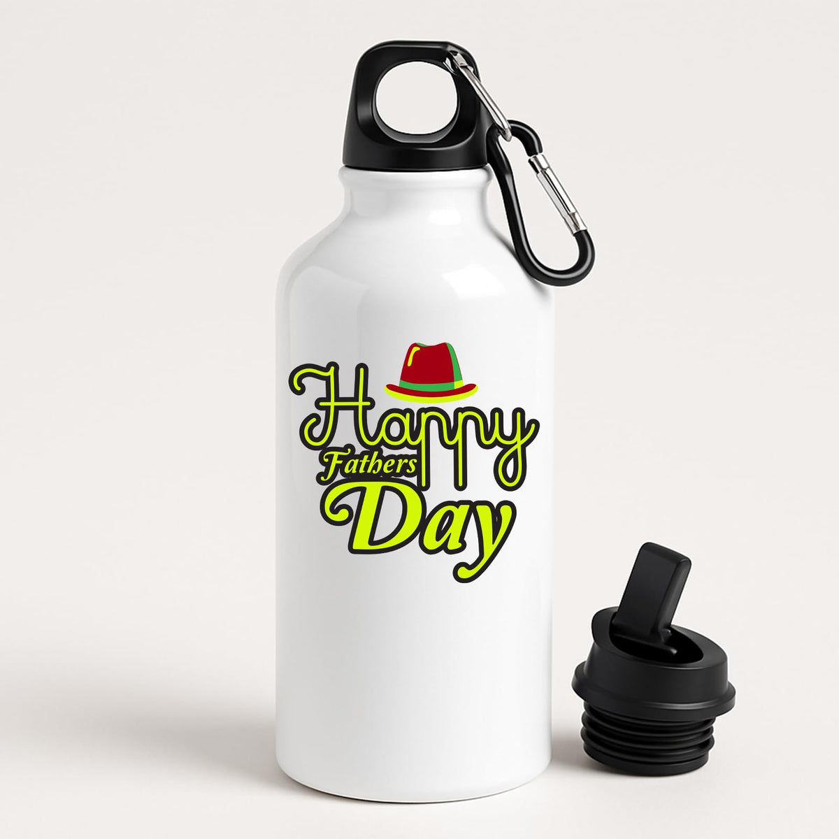 White aluminium water bottle with “Happy Father's Day” lettering and a red hat