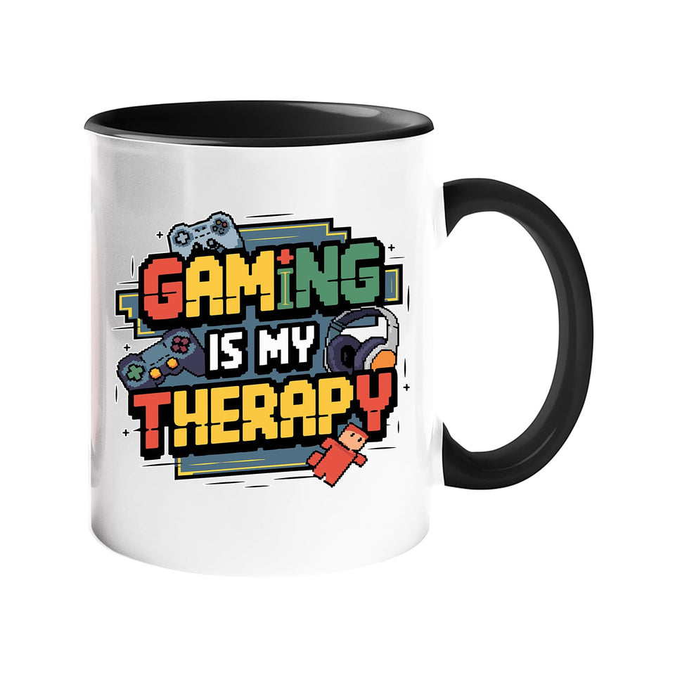 Colour handle mug with colourful “Gaming Is My Therapy” lettering – black handle and inside