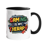 Colour handle mug with colourful “Gaming Is My Therapy” lettering – black handle and inside