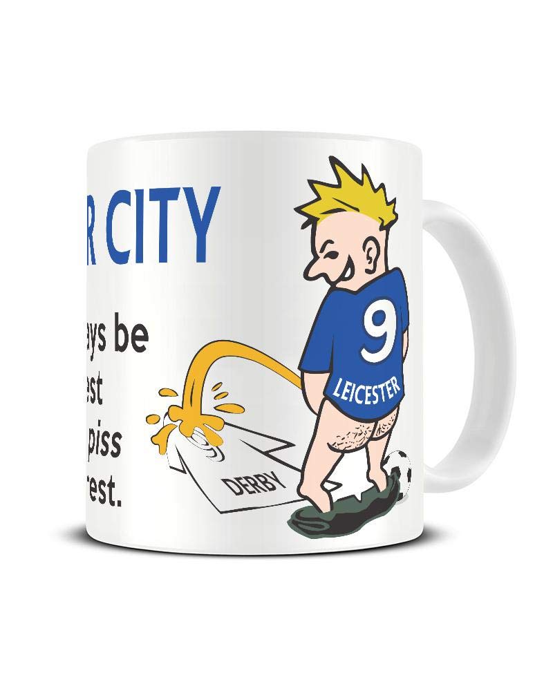 Wee On The Rival's Shirt mug – cartoon fan in a blue No. 9 shirt weeing on a white rival shirt