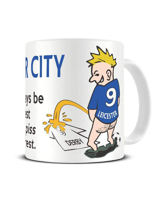 Wee On The Rival's Shirt mug – cartoon fan in a blue No. 9 shirt weeing on a white rival shirt