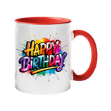 Colour handle mug with bold rainbow “Happy Birthday” lettering