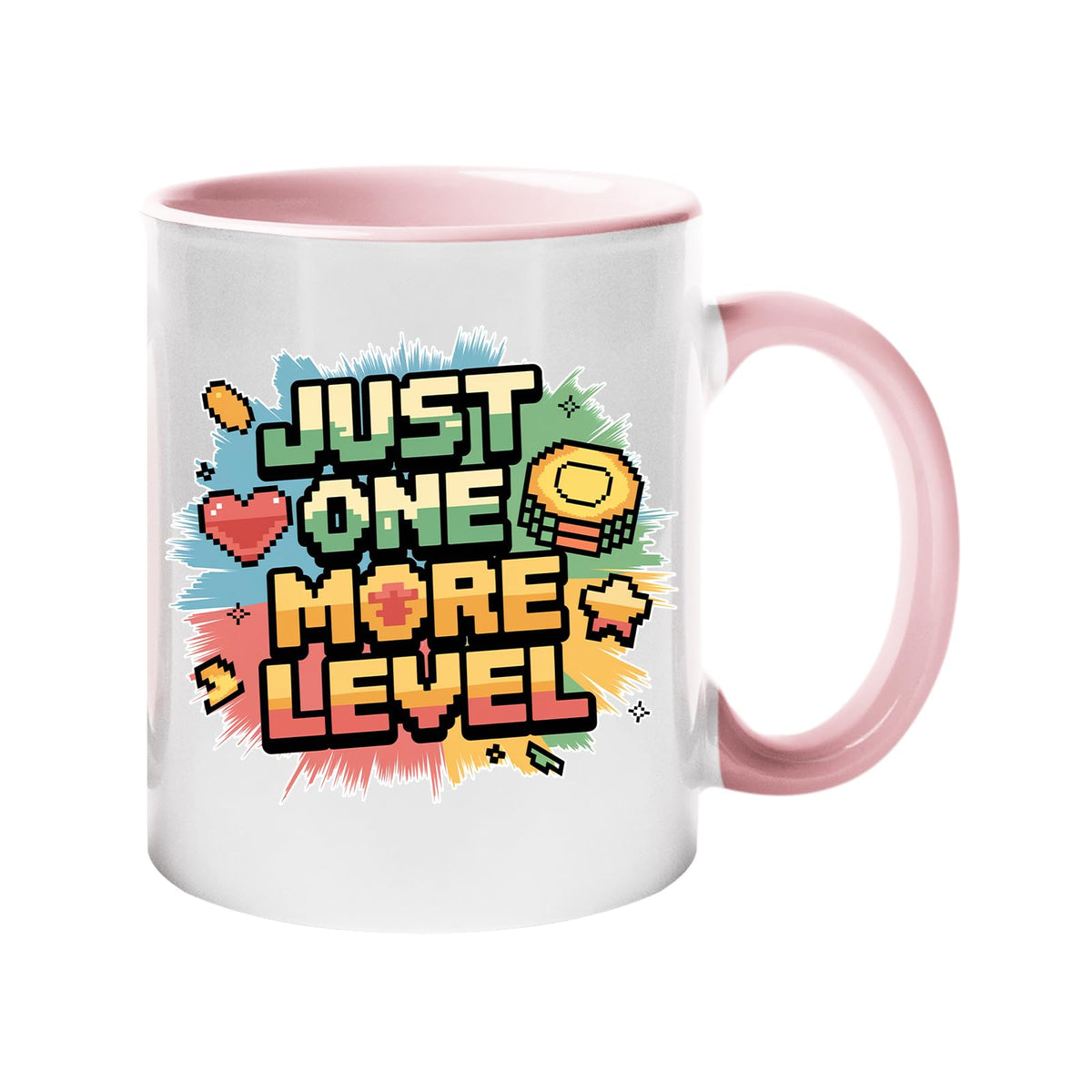 Colour handle mug with a retro “Just One More Level” design with a heart and star – light pink handle and inside