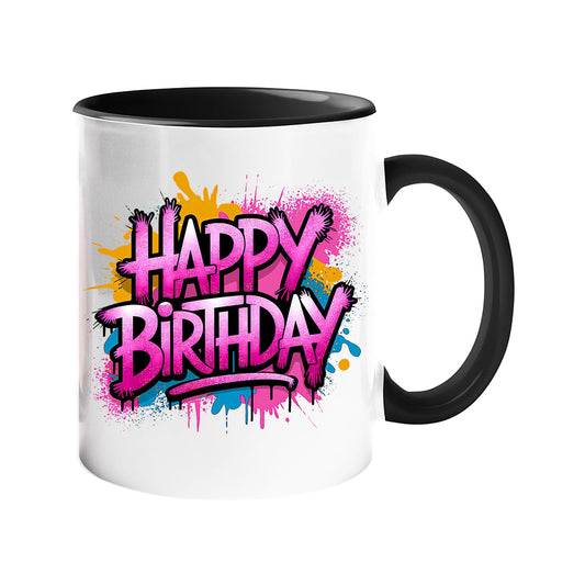 Colour handle mug with pink and purple graffiti “Happy Birthday” lettering