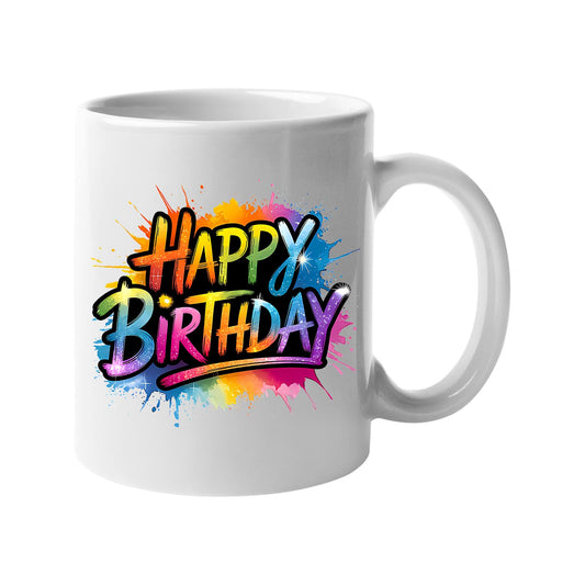 White 11oz mug with rainbow “Happy Birthday” lettering with paint drips