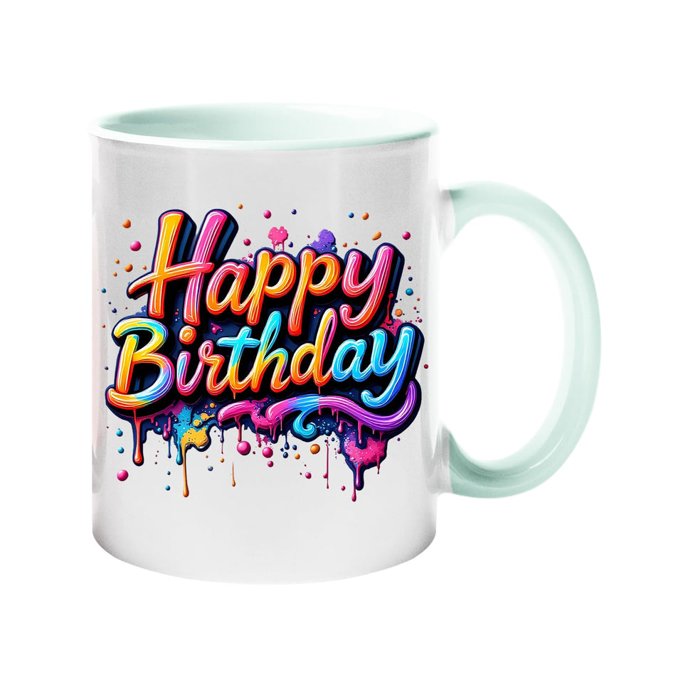 Happy Birthday Colour Mug – Vibrant Paint Drip Design Ceramic Cup for Men, Women & Kids