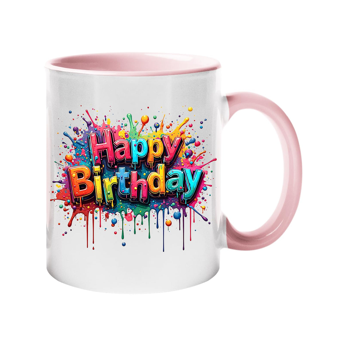 Colour handle mug with rainbow splash-script “Happy Birthday” lettering – light pink handle and inside