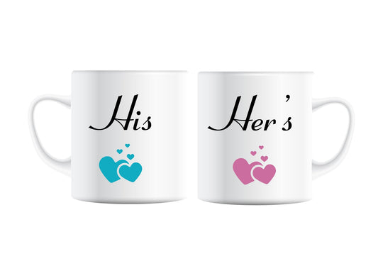 His and Her's mugs with blue and pink hearts