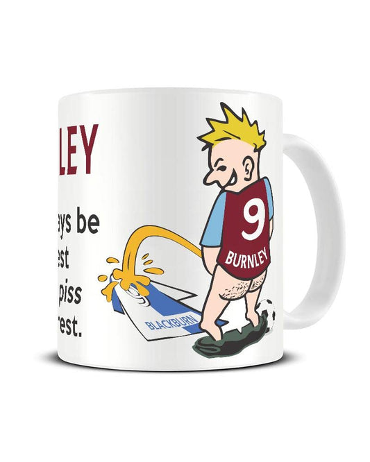Wee On The Rival's Shirt mug – cartoon fan in a claret and blue No. 9 shirt weeing on a blue and white rival shirt