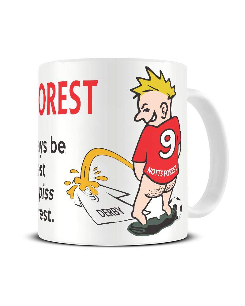 Wee On The Rival's Shirt mug – cartoon fan in a red No. 9 shirt weeing on a white rival shirt