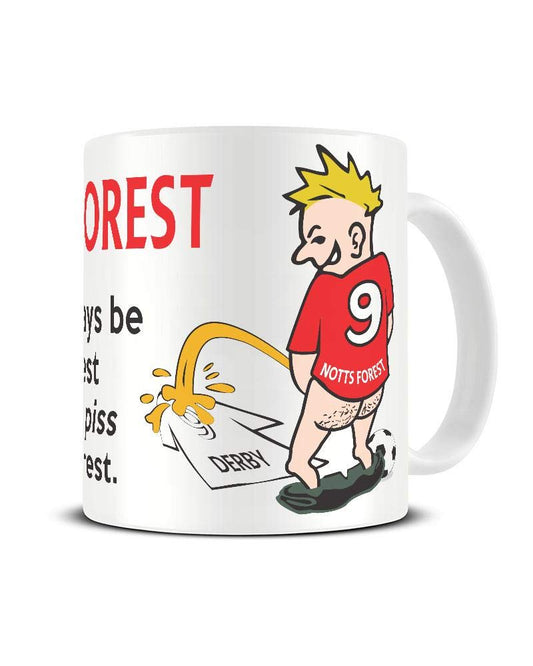 Wee On The Rival's Shirt mug – cartoon fan in a red No. 9 shirt weeing on a white rival shirt
