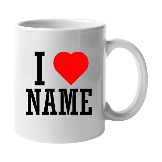 Personalised mug printed I love NAME with a red heart