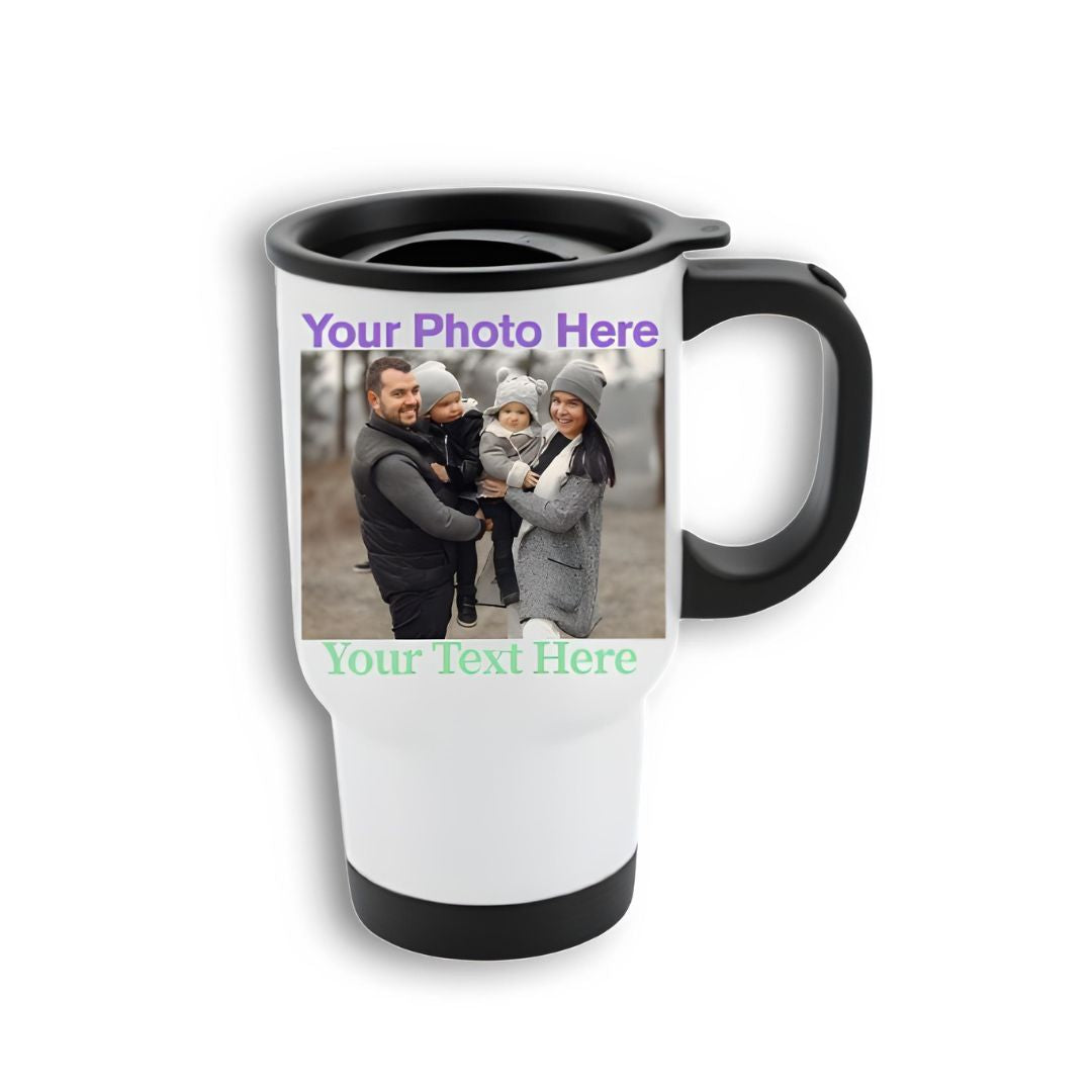 White travel mug with an example photo and text