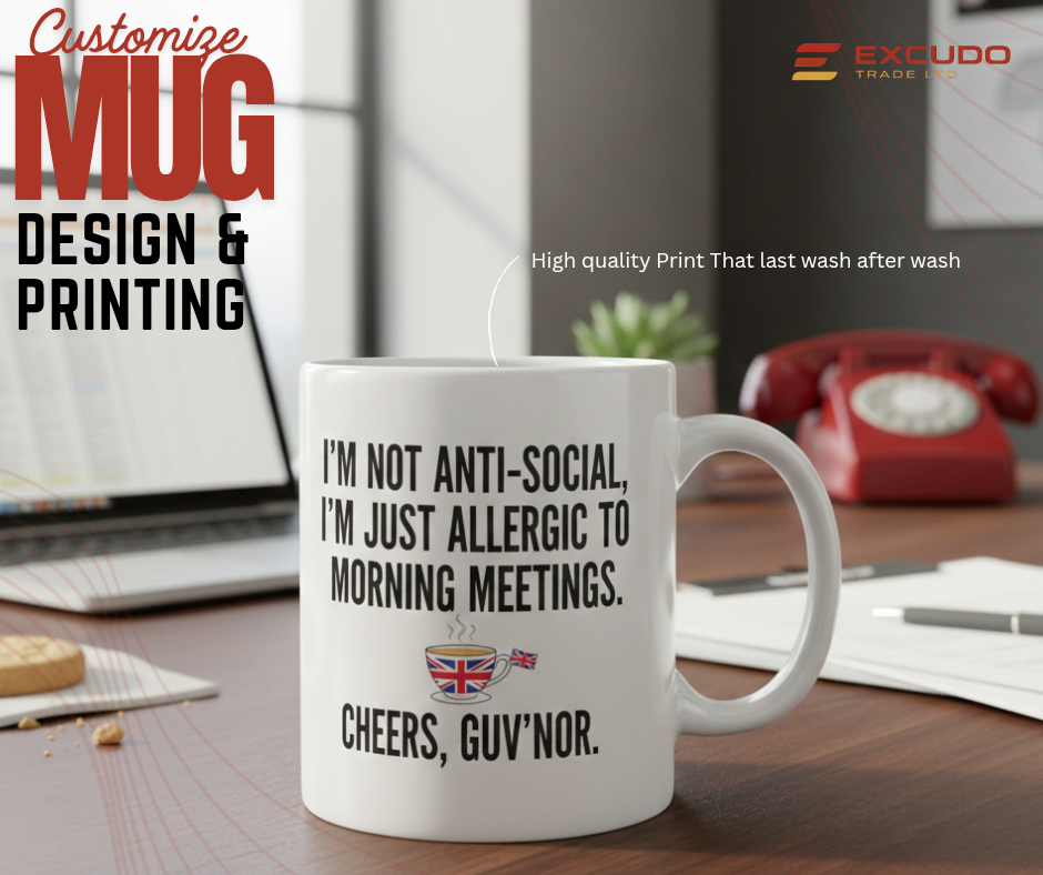 Allergic to Morning Meetings Mug on an office desk