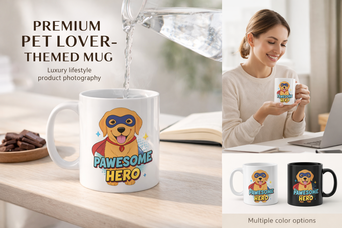 Pawsome Hero Mug shown with a woman at a desk