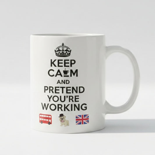 White mug printed Keep Calm and Pretend You're Working with a crown and British icons