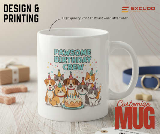 Pawsome Birthday Crew Mug on a table