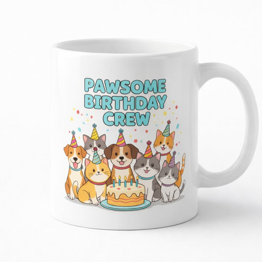 White mug printed “Pawsome Birthday Crew” with a group of cats and dogs around a birthday cake