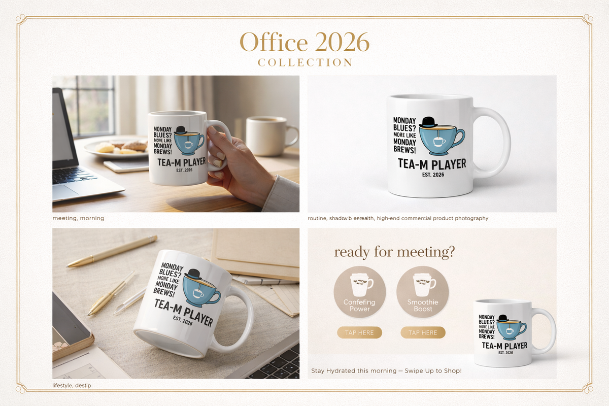 Monday Blues? More Like Monday Brews! Mug shown in a home and office collage