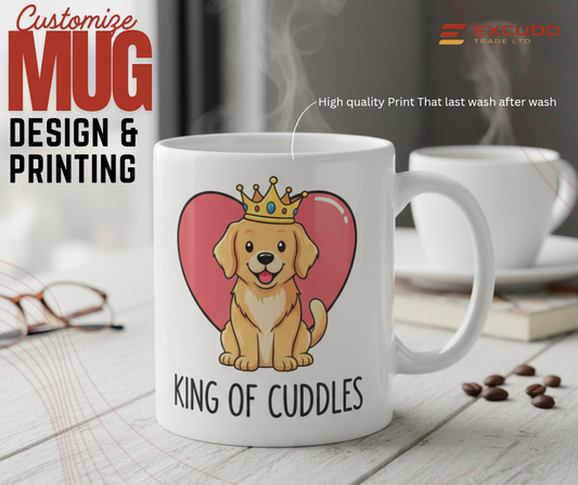 King of Cuddles Mug on a table