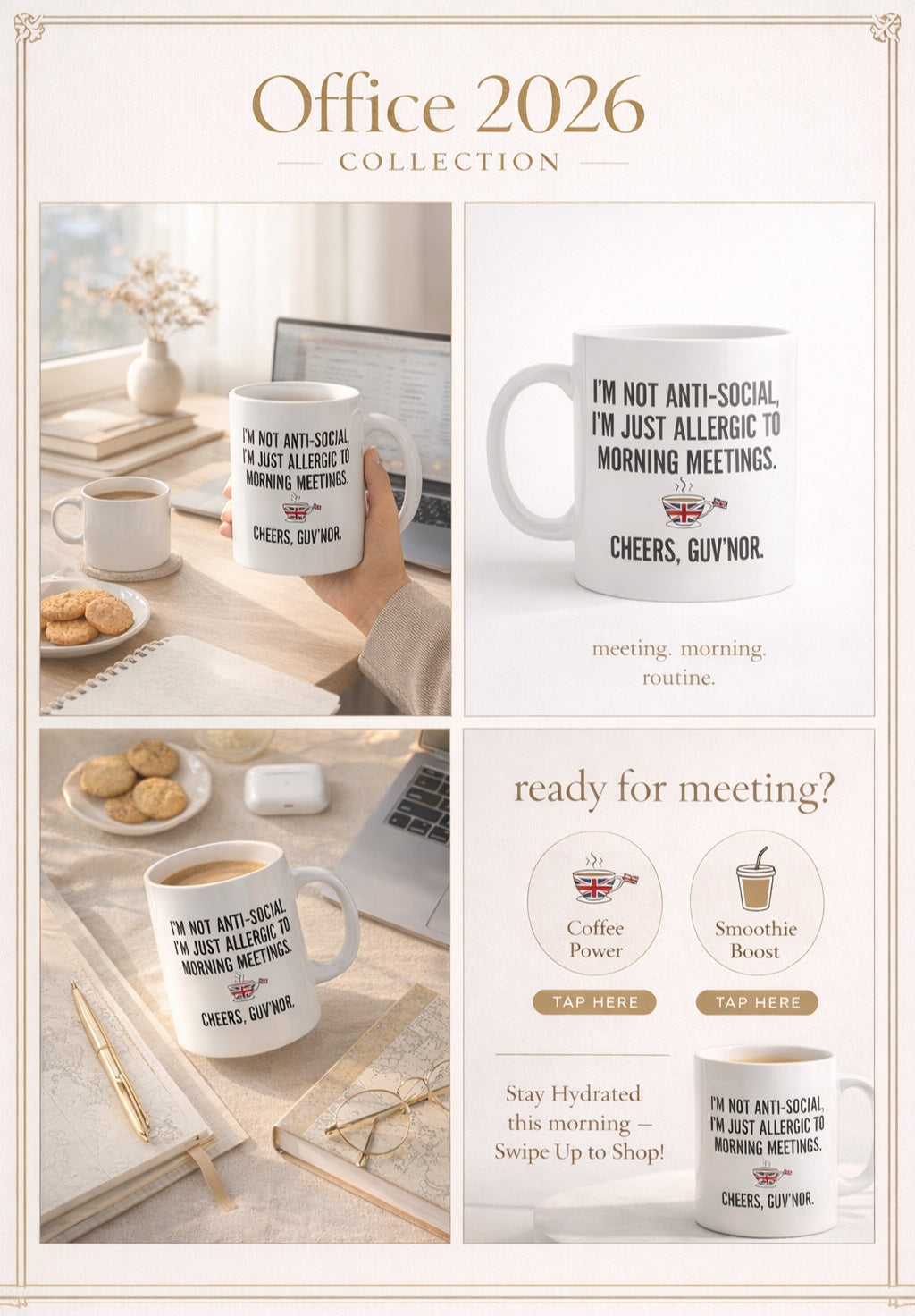 Allergic to Morning Meetings Mug shown in a home and office collage