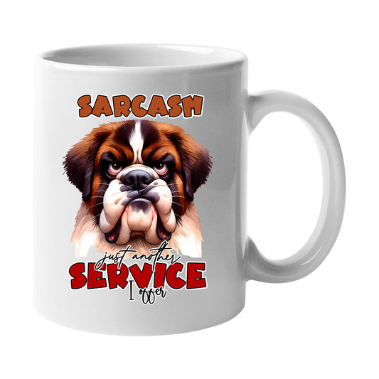 White mug with an unimpressed Saint Bernard and a sarcastic slogan